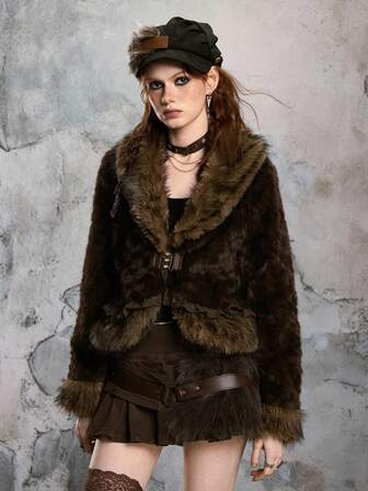 Hippie Damen Kpop Stehkragen Langarm Taillengürtel Design Kunstpelz Modejacke