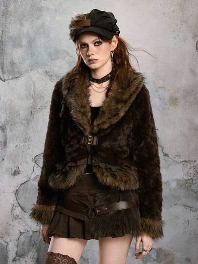 Hippie Women's Kpop Lapel Collar Long Sleeve Waist Buckle Design Faux Fur Fashion Jacket