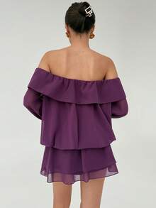 Aloruh Women's Solid Color Front Tie Off Shoulder Long Sleeve Ruffle Hem Fashionable Mini Dress - Purple - View 5