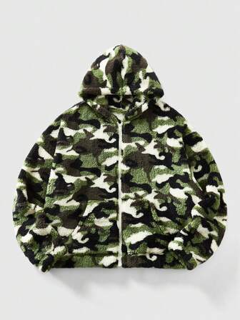 Street Life Sudadera con capucha de forro polar con cremallera y estampado de camuflaje de manga larga para hombre, otoño/invierno