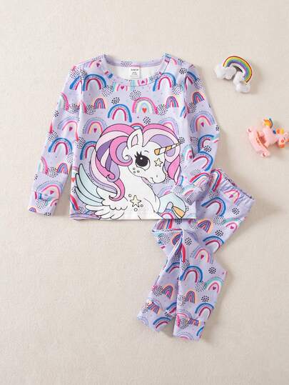Baby Girls Snug Fit Pajamas-2 Piece Pajama Set Unicorn Rainbow Pastel Purple Round Neck Long Sleeve Top And Pants Sleepwear Set Baby Toddler Nightwear Cute Cartoon Print Comfortable Elastic Waist Four Seasons 2026 New Year Holiday Must Have