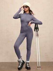 Activina 女式纯色简约长袖连体裤，休闲日常穿着 - 淺灰色 - 查看 14