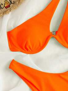 SHEIN Swim 2026 Spring/Summer Adjustable Shoulder Strap Underwire Padded Back Hook Solid Color High Cut Bottom Orange Women's Bikini 2-Piece Set - Orange - View 5