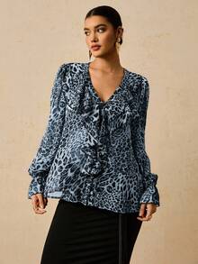 Travachic Plus Size Women Chiffon Floral Print Long Sleeve Blouse, Leopard Print Ruffle Hem Shirt - Blue - View 3