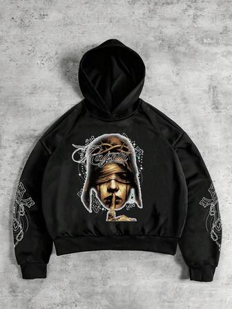 Street Life Sudadera con capucha casual para hombre con estampado de cruz y letras oscuras de calle