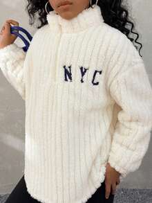 Coolane Kids Tween Girl Fall/Winter,Streetwear Daily Wear	Essentials,2pcs/Set Women Letter Print Zip-Up Fleece Sweatshirt And Pants, Suitable ,Christmas,New Year ,Thanksgiving - Multicolor - View 2