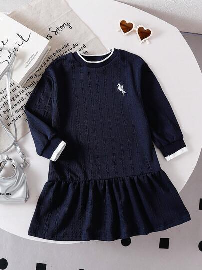 Genkimix Kids 韩版少女针织条纹袖口刺绣小马标志连衣裙