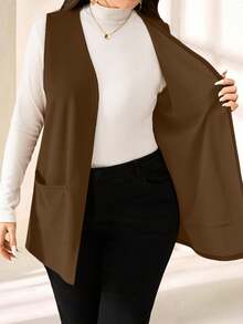 SHEIN PETITE CURVE Plus Size Solid Color Sleeveless Loose Pocket Simple Casual Coat,Spring/Summer,Vacation In Fall/Winter - Brown - View 7