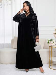 Al Najma 女士波尔卡圆点网格拼接长袖宽松优雅阿拉伯连衣裙 - 黑色 - 查看 4