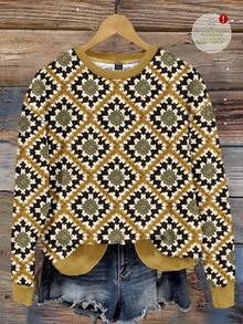 EMERY ROSE 休闲简约几何针织提花印花圆领宽松女式卫衣，适合秋冬季节穿着，黄色波西米亚风 - 彩色 - 查看 1