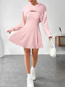 SHEIN EZwear 女士休闲纯色连帽上衣和连衣裙两件套，秋季 - 粉色 - 查看 6