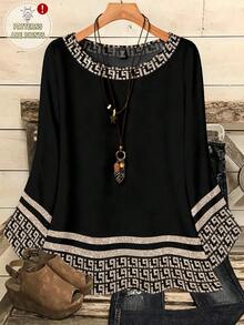 EMERY ROSE 大码女式休闲全身印花圆领宽松七分袖衬衫，秋冬 - 彩色 - 查看 1