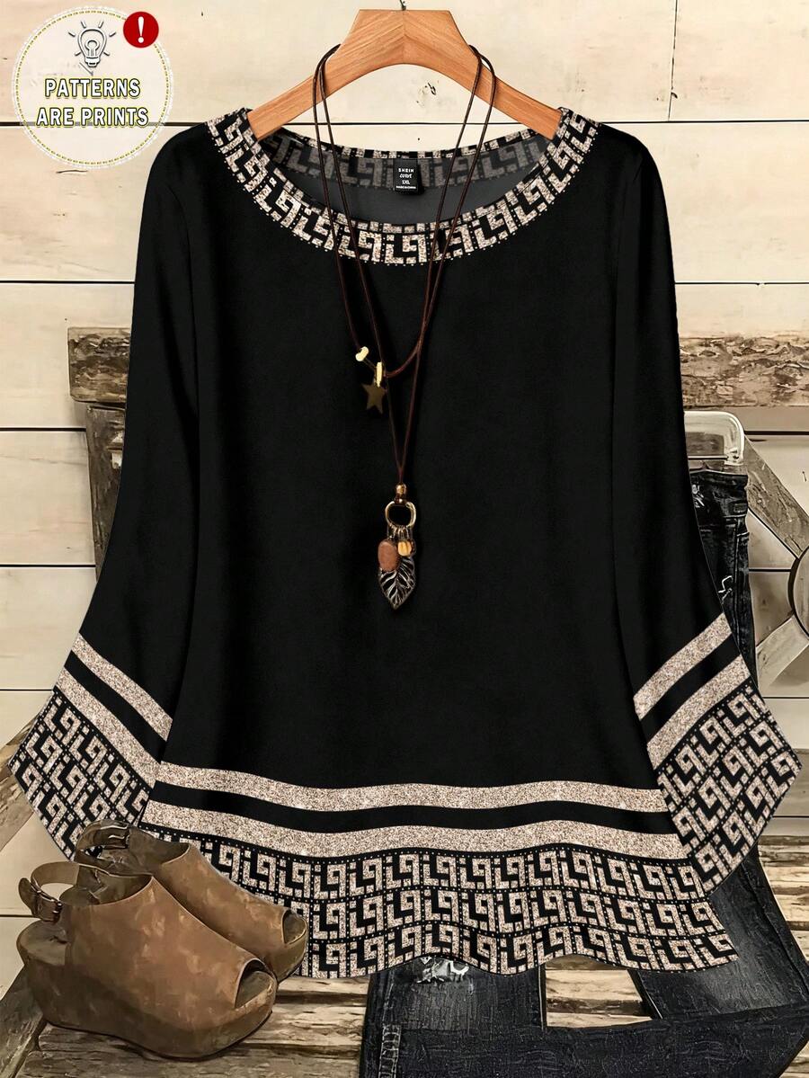 EMERY ROSE 大码女式休闲全身印花圆领宽松七分袖衬衫，秋冬 - 彩色 - 查看 1