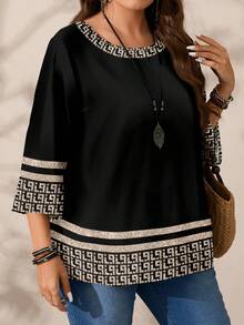 EMERY ROSE 大码女式休闲全身印花圆领宽松七分袖衬衫，秋冬 - 彩色 - 查看 5