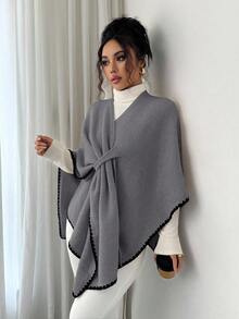 Elenzga 女士新款秋冬单件时尚披肩领开衩斗篷奢华休闲日常开衫毛衣 - 深灰色 - 查看 5