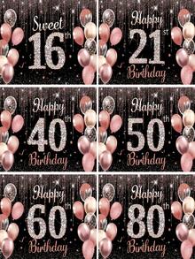 1件“生日快乐”背景横幅，黑色/银色/玫瑰金，适用于16岁、21岁、40岁、50岁、60岁、80岁生日派对装饰，拍照道具，闪光气球 - 彩色 - 查看 6