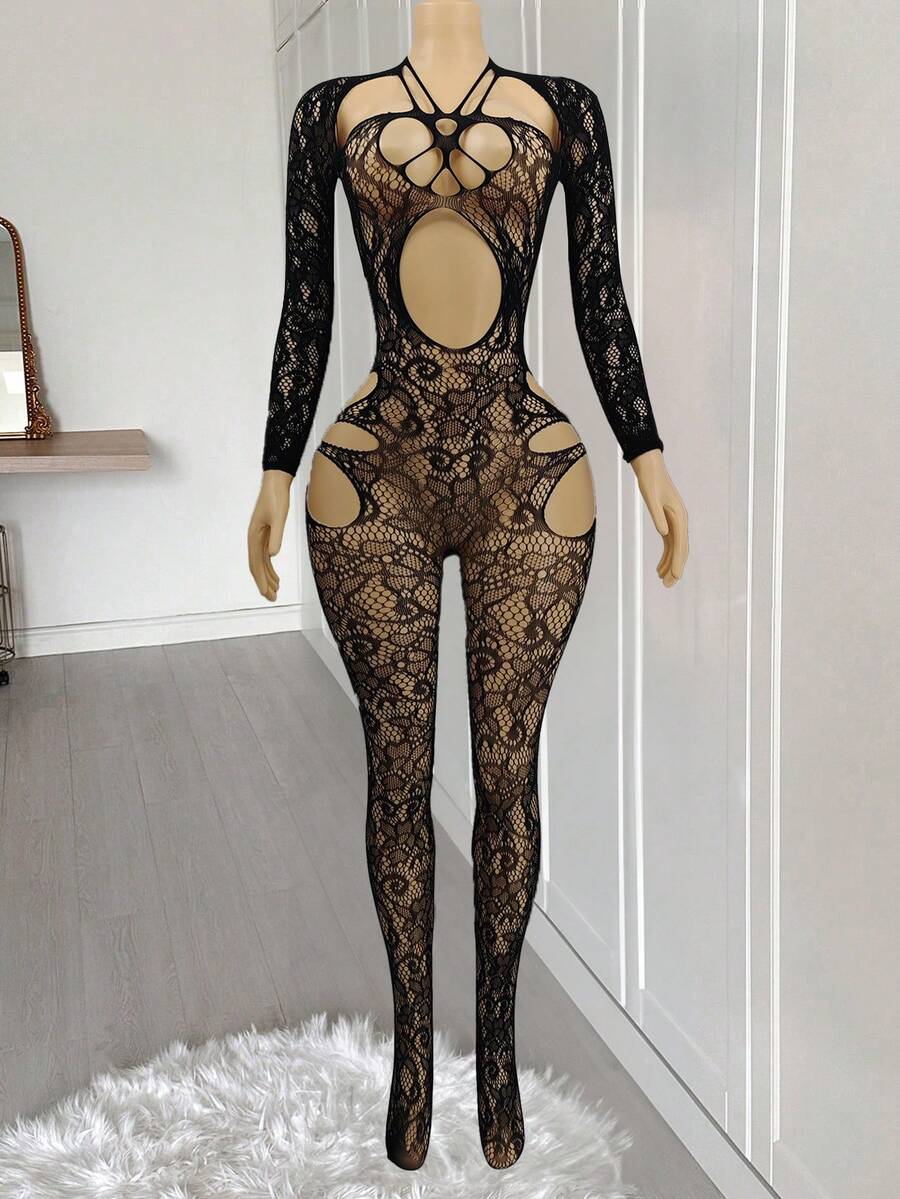 SHEIN Women's Sexy Lingerie Bodysuit, Black Hollow Sheer Mesh Alluring Bodysuit Bodystocking Body Stocking Lingerie Bodystocking Lingerie See Through Dress - Black - View 1
