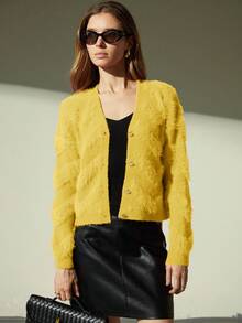 EMERY ROSE French Luxury Slouchy Fluffy V-Neck Cardigan Sweater Oversized Sweater  - Yellow - View 7