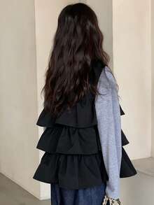 DAZY 少女无袖圆领外套，秋季款 - 黑色 - 查看 2