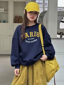 DAZY Tween Girls Crew Neck Knit Fleece Sweatshirt With Embroidered Letter - Navy Blue - View 3