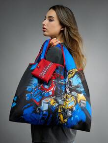 Transformers X SHEIN 1pc Cute Cartoon Character Printed Foldable Polyester Tote Bag, Handbag With Attached Pouch On Carabiner, Autobots,Gift Ideas - Multicolor - View 3