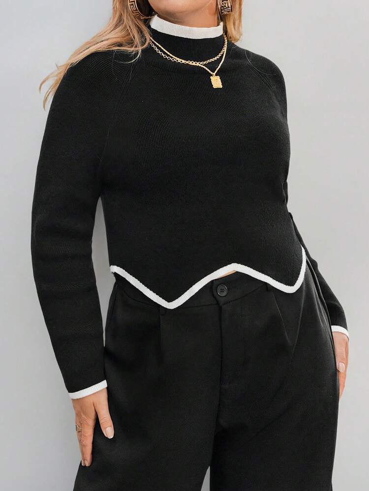 Plus Size Women Elegant Fitted Pullover Sweater With Unique Hem Design