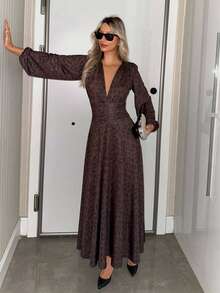 EURMUSE Leopard Print Long Sleeve Short Dress - Brown - View 5