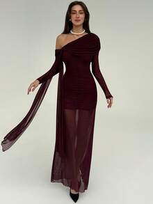 Aloruh 女士紫色褶皱雪纺连衣裙，垂肩设计 - 紫色 - 查看 5