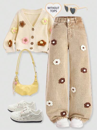 SHEIN ChillGRL Teen Girl Retro Wide Leg Jeans, Vintage Distressed Aesthetic, Cute & Sweet Casual College Style Vacation Recommendation. Classic Washed Denim In Khaki, Coffee + White Handmade Flower Decor, Elastic Waistband + Button Front For Easy Wear, Loose Wide Leg Silhouette Flatters The Legs And Showcases A Free-Spirited Look. Suitable For Daily Outings, Campus Casual, Travel & Vacation Strolls To Effortlessly Exude Youthful Vibrancy.