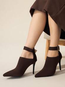 CUCCOO BASICS Damen Mode Kaffeefarbe Knöchelriemen Strickstoff Spitzschuh Stiletto Absatz Knöchel Stiefel, sexy für Dates, Partys, festliche Anlässe zu Weihnachten - Kaffeebraun - Übersicht 3