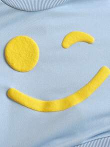 SHEIN 2pcs Baby Boys Toddler Infant Kids Cute Sweet Fashion Casual Light Blue Solid Color Large Yellow Winking Smile Face Print Graphic Long Sleeve Round Neck T-Shirt Sweatshirt Pullover Tops And Elastic Waist Sweatpants Joggers Pants Two Piece Outfit Sets Tracksuit Thick Soft Clothes For Daily Wear Home Indoor School Fall Autumn Winter - Blue - View 3