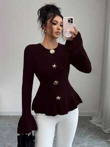 SHEIN Elenzya Women's Elegant Metal Buckle Cuff & Ruffle Hem Design Long Sleeve Sweater, Autumn/Winter - Red Violet - View 3