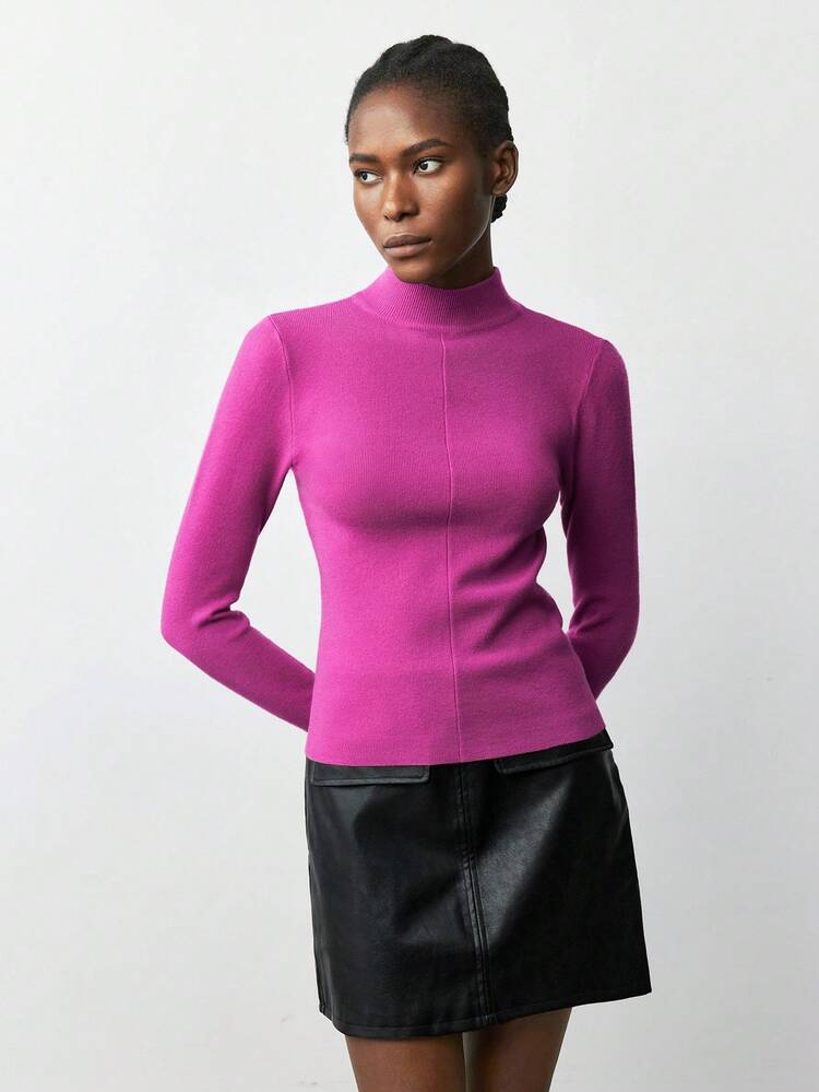 SHEIN Maija Plum Red Fitted Waist High Neck Long Sleeve Minimalist Chic Elegant Blouse For Women Fall For Women High Neck Top Purple Turtleneck Sweater Ribbed Turtleneck Purple Top Women Mock Neck Sweater Christmas Sweater For New Year Christmas Sweater Autumn For Women New Year Pink Sweater Women's Social Blouse Winter Sweaters For Women