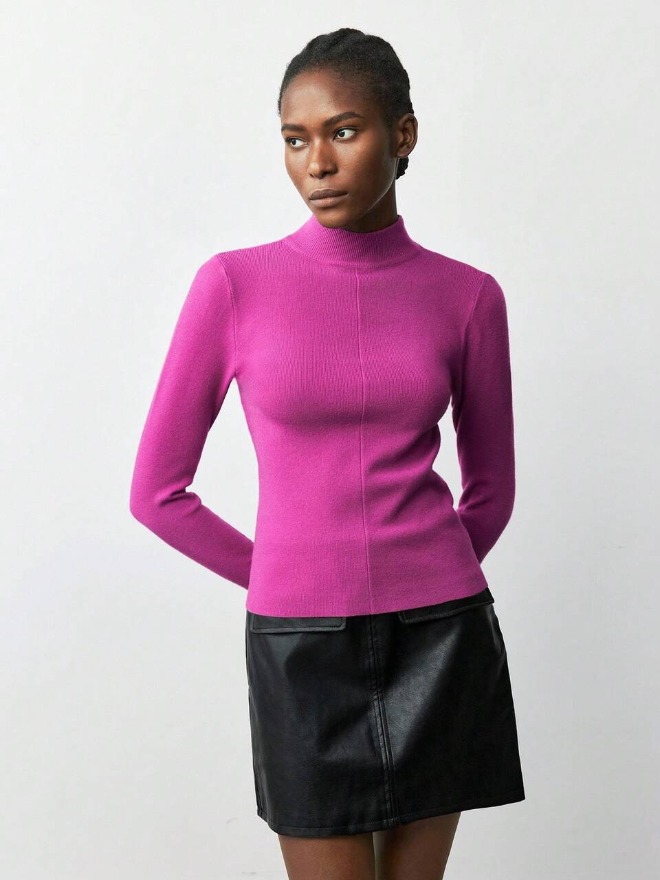 SHEIN Maija Women's Plum Red High Neck Long Sleeve Ribbed Turtleneck Sweater,Light Pink Winter Effortless Chic Office Minimalist Elegant Mock Neck Top Blouse