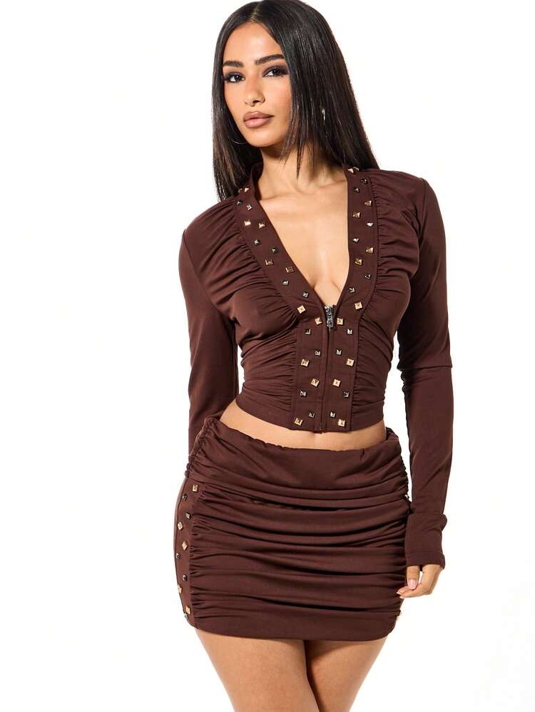 SUMWON WOMEN Studded Jersey Ruched Top And Mini Skirt Set