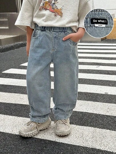 SHEIN Young Boy Vintage Casual Soft Washed Loose Fit Blue Denim Jeans, Fall/Winter Dailywear,Christmas,New Year,Thanksgiving,Street Jeans