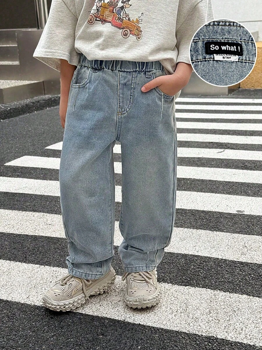 SHEIN 男童复古休闲水洗宽松蓝色牛仔裤，秋冬日常穿着，圣诞节，新年，感恩节，街头风牛仔裤