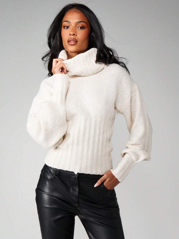 MISSGUIDED Chunky Funnel Neck Jumper With Ribbed Waist Detail Winter Knitwear Sweater