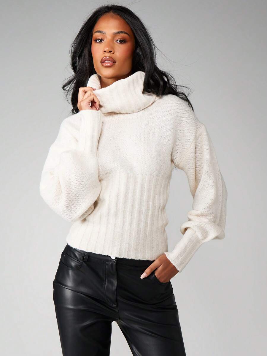 MISSGUIDED Chunky Funnel Neck Jumper With Ribbed Waist Detail Winter Knitwear Sweater - White - View 1