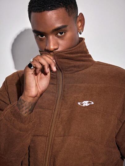 Street Life Men's Letter Embroidered Corduroy Zip-Up Casual Winter Jacket