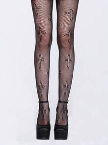 ROMWE Grunge Punk 1双哥特式十字纹渔网袜，极简性感连裤袜，弹力薄款透气紧身裤 - 黑色 - 查看 1