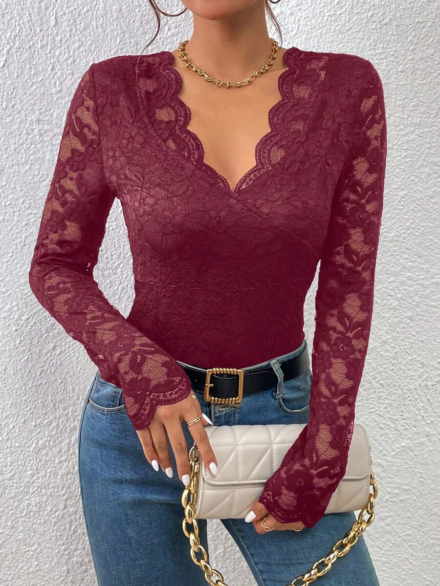 SHEIN Frenchy Bộ đồ liền thân ren tay dài màu trơn thanh lịch - Màu Đỏ Sâu - Xem 1