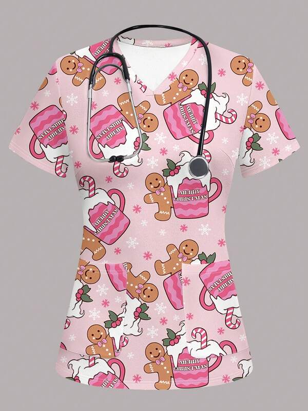 PopScrub Women's Gingerbread Print V-Neck Short Sleeve Scrub Uniform Top, Christmas Nurse Scrubs Scrub Top Christmas Clothes Women Nurse Scrubs Christmas Christmas Scrub Tops For Women