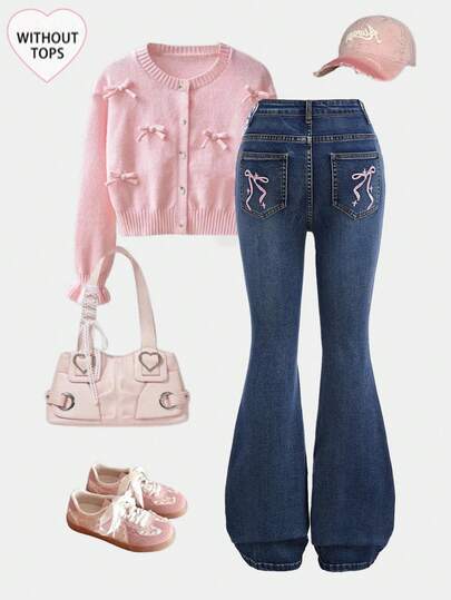 Girlism 青少年女孩 Y2K 高腰休闲复古水洗蝴蝶结刺绣口袋可爱喇叭裤，万圣节服装，秋季服装，圣诞裤，秋季服装，女孩秋冬返校返校牛仔裤，女孩裤子街头服饰复古服装，舒适百搭，适合 8-12 岁女孩，适合上学、居家和旅行，刺绣喇叭裤