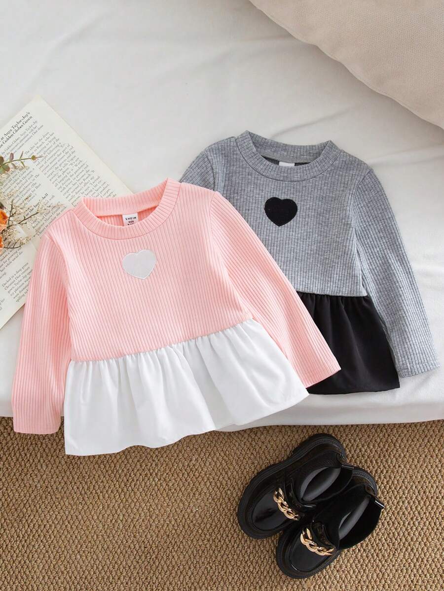2pcs/Set Baby Girls' Cute Simple Heart Embroidery Elastic Ribbed Splice Ruffle Hem Long Sleeve T-Shirt, Pink & Gray Combo - Multicolor - View 1