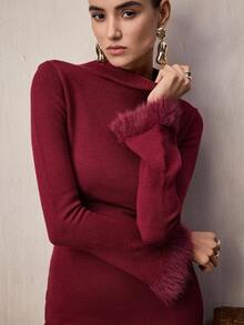 Modelyn 女士露背圣诞红色高领修身针织毛衣连衣裙 - 紅色 - 查看 3