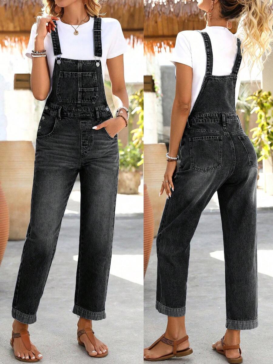 EMERY ROSE Women's Casual Washed Denim Bib Pants - Black - View 1
