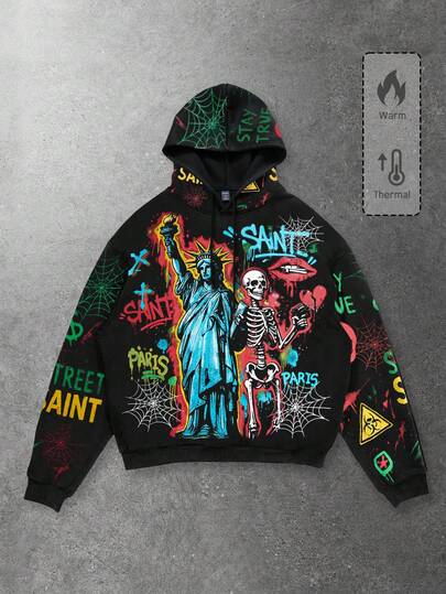 Street Life Sudadera con capucha de manga larga para hombre con cordón y gráfico creativo de cruz y calavera