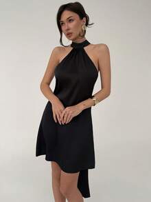 Aloruh Women's Halter Backless Metal Decor A-Line Sexy Party Mini Satin Dress - Black - View 3