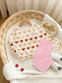 SHEIN 奶油杏仁色和莲藕粉色，仿针织彩色爱心图案，女婴休闲舒适柔软保暖圆领长袖卫衣和打底裤套装，适合秋冬季日常穿着、新年、情人节、外出、居家、节日、度假 - 彩色 - 查看 3